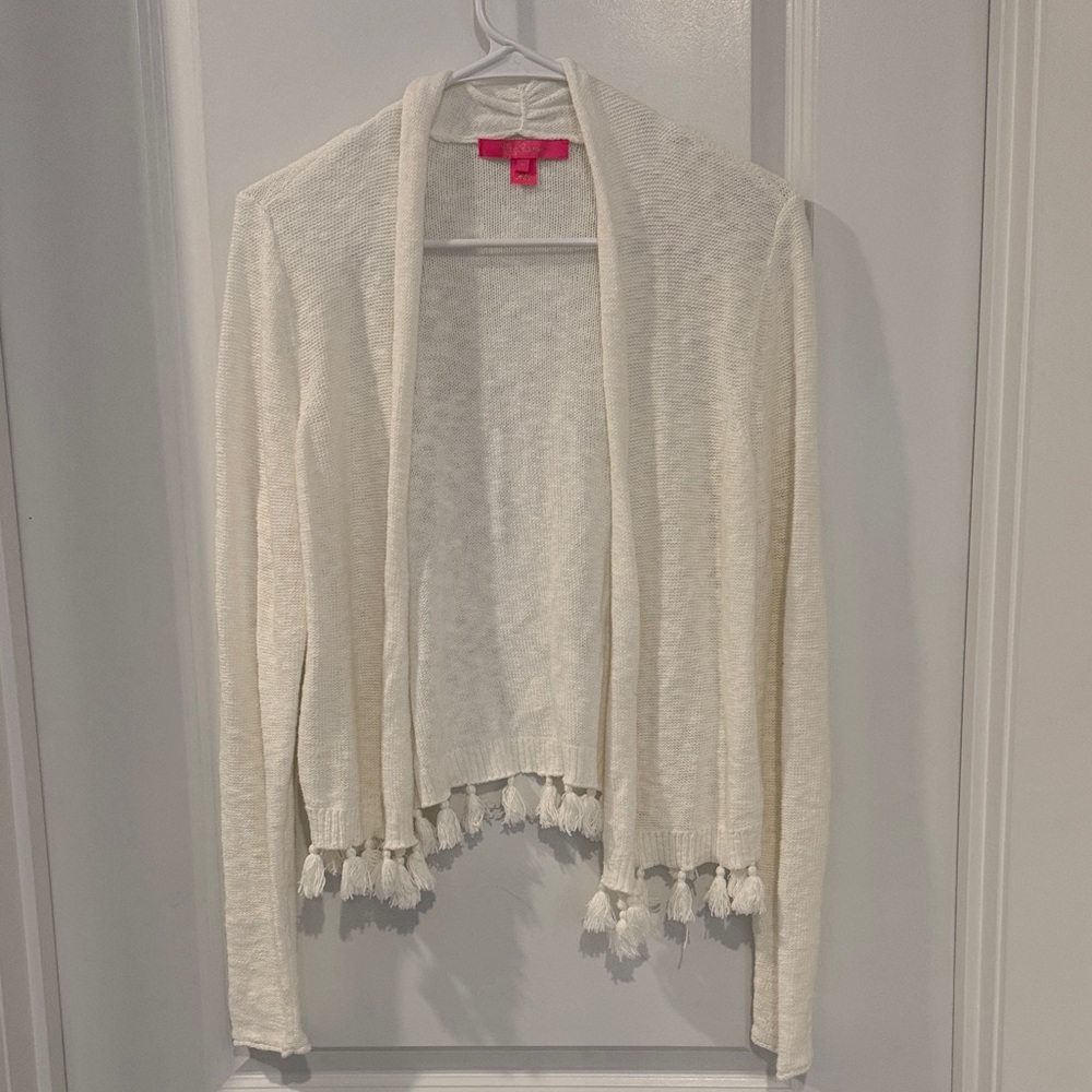 Lilly Pulitzer Lightweight White Open-Front Women's Sweater with Tassel Hem Smal